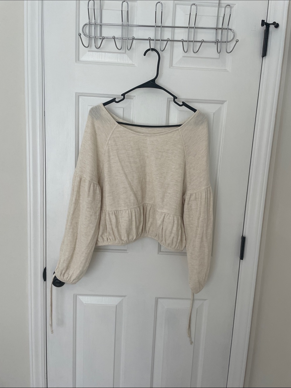 aerie Cream Off-the-Shoulder Peplum Sweater